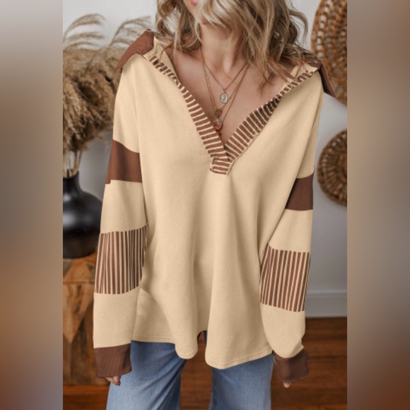 Tops - Vienna French beige striped colorblock patchwork sweatshirt